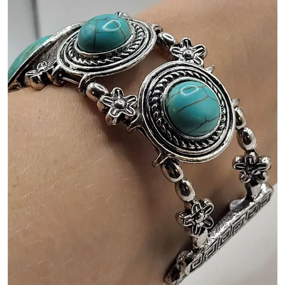 Vintage Southwestern Bohemian Turquoise Acrylic Silver Chunky Bangle Bracelet 8